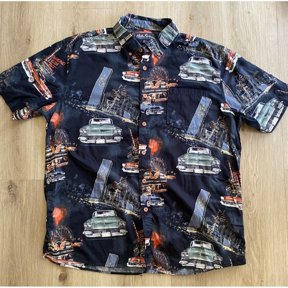 North River Mens XXL Classic Cars Shirt Blue Hot Rod Novelty Button Up Short Slv
